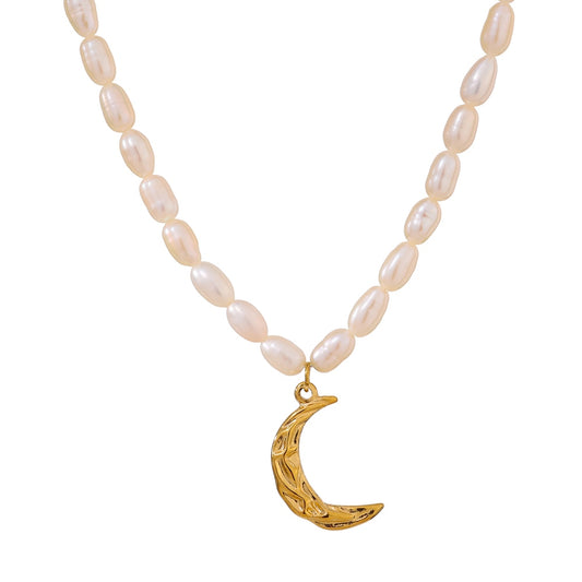 Stainless Steel Moon Pendant Natural Pearl Necklace, Gold Plated - Boncuque Store