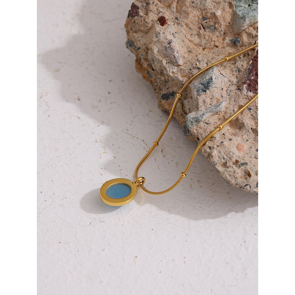 Stainless Steel Gold Plated Blue Natural Stone Pendant Necklace - Boncuque Store