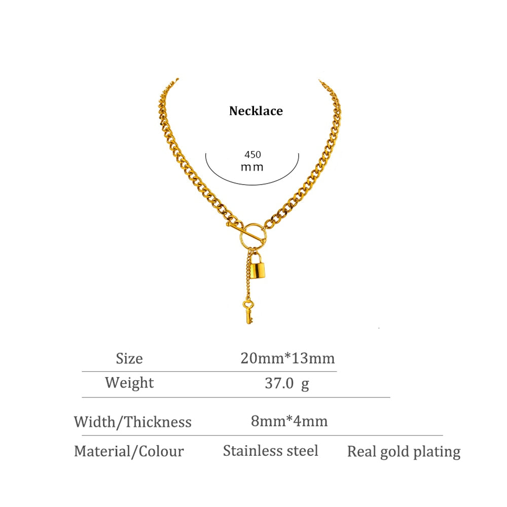 18K Plated Stainless Steel Chain Necklace With Metal Lock Pendant - Boncuque Store