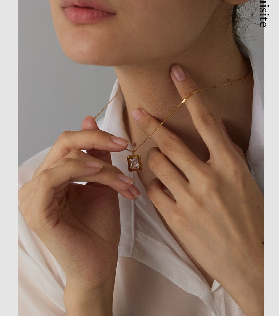 Stainless Steel Stylish Square Cubic Zirconia Necklace, Gold Plated - Boncuque Store