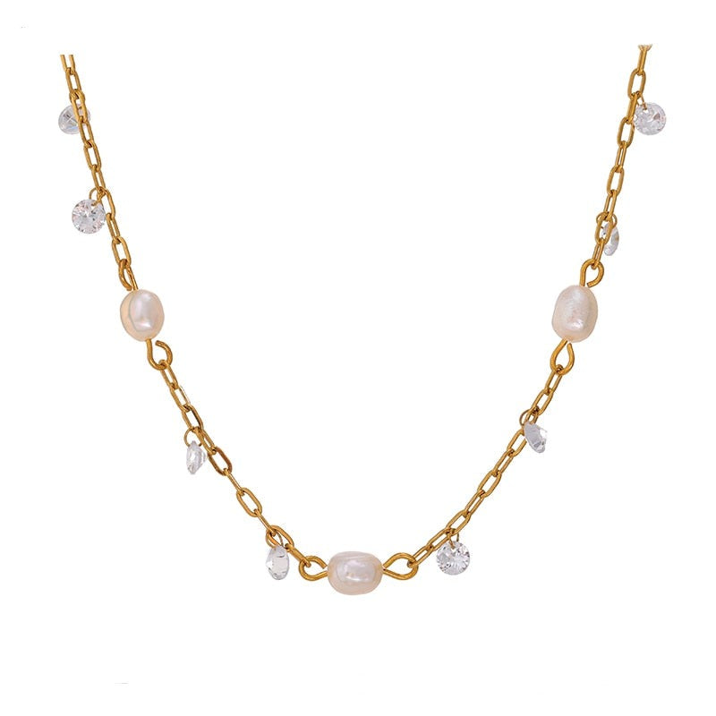 Chic Natural Pearl & Cubic Zirconia Gold Plated Chain Necklace - Boncuque Store