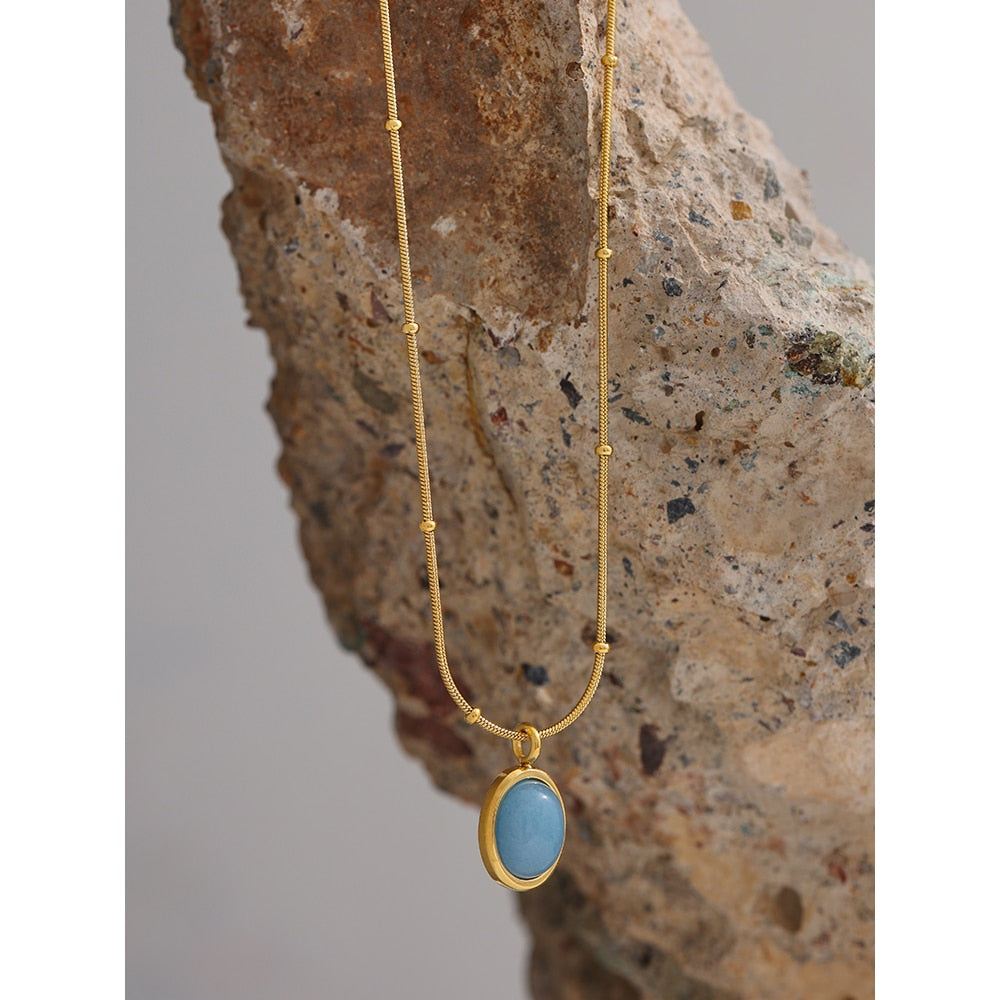 Stainless Steel Gold Plated Blue Natural Stone Pendant Necklace - Boncuque Store