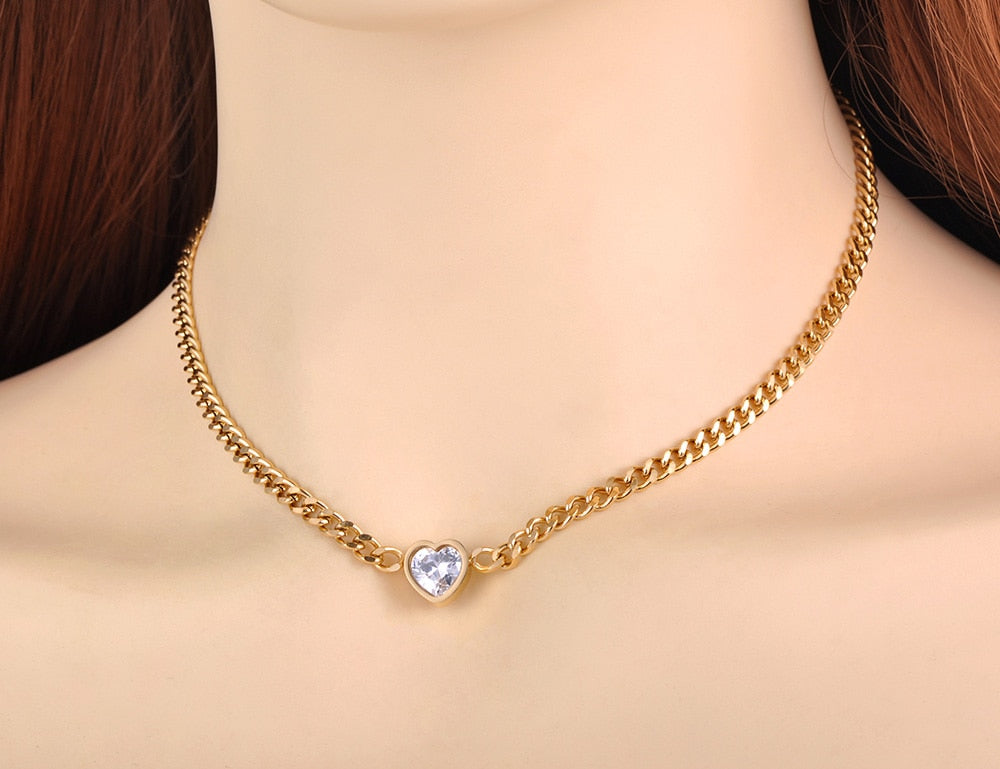 AAA Cubic Zirconia Heart Pendant Necklace Stainless Steel Gold Plated - Boncuque Store