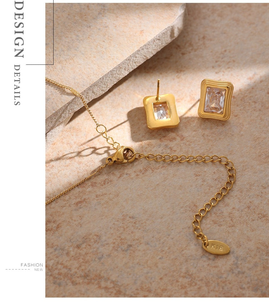 Stainless Steel Stylish Square Cubic Zirconia Necklace, Gold Plated - Boncuque Store