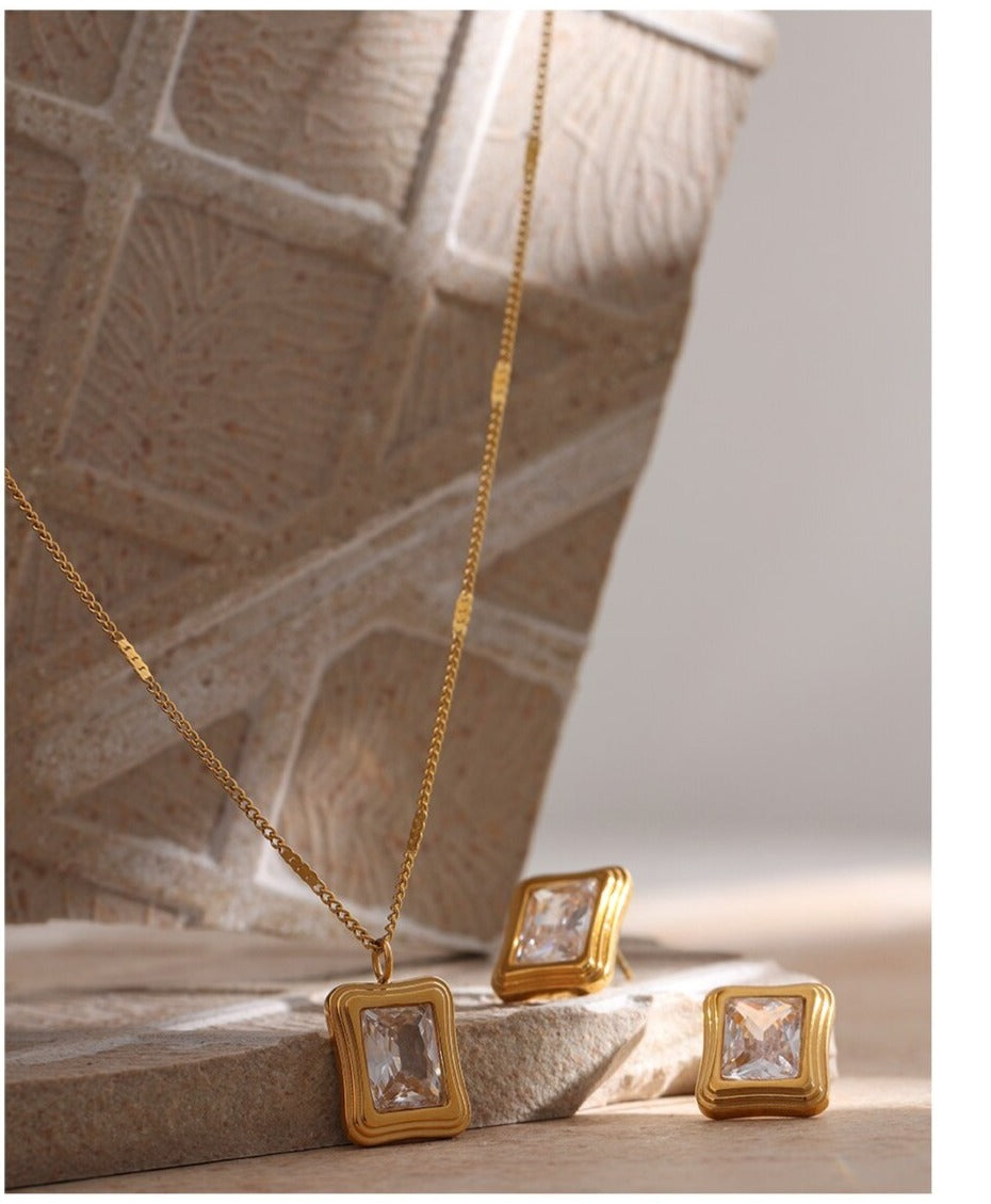 Stainless Steel Stylish Square Cubic Zirconia Necklace, Gold Plated - Boncuque Store