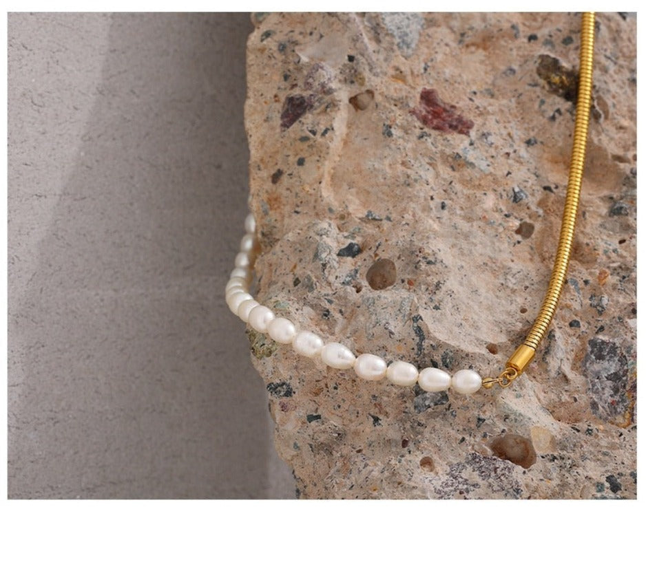 Half Natural Pearl Half Chain Necklace Gold Plated - Boncuque Store