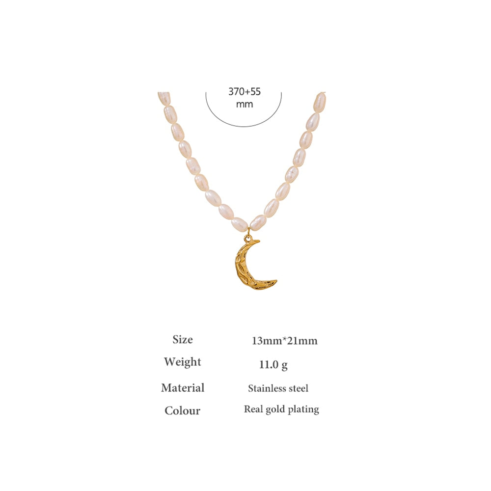 Stainless Steel Moon Pendant Natural Pearl Necklace, Gold Plated - Boncuque Store