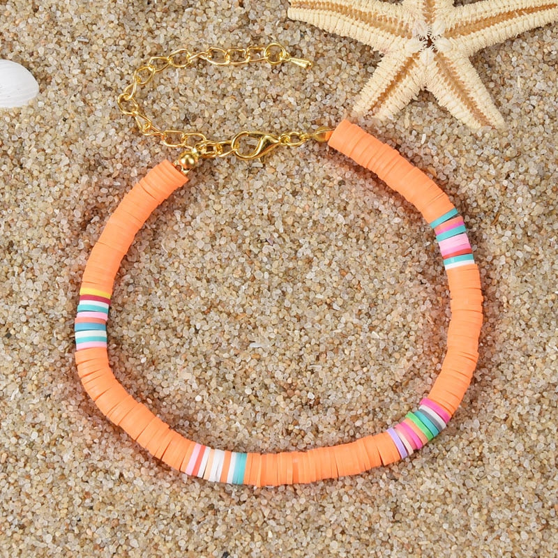 Adjustable Handmade Polymer Clay Discs Anklet Rainbow Color - Boncuque Store