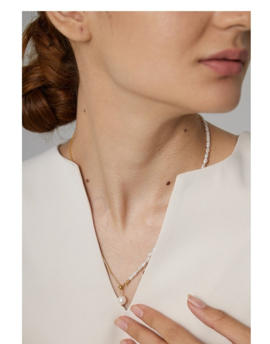 Natty Stainless Steel Natural Pearl Chain Necklace Gold Plated - Boncuque Store