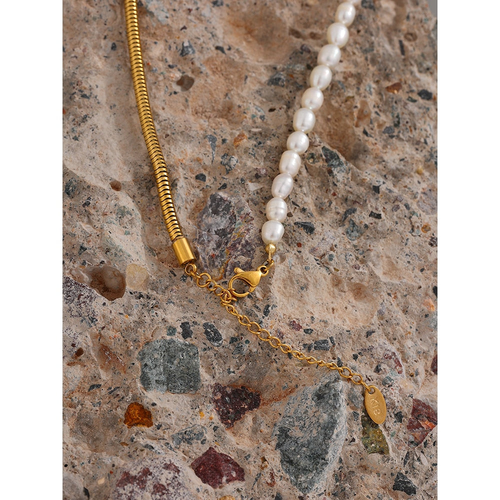 Half Natural Pearl Half Chain Necklace Gold Plated - Boncuque Store