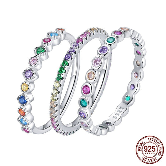 925 Sterling Silver Rings, With Cubic Zirconia Rainbow Colors - Boncuque Store