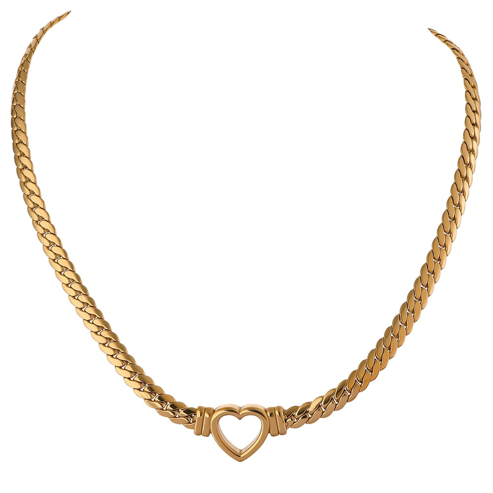 Metal Texture Stainless Steel Heart Chain Necklace, Gold Plated - Boncuque Store