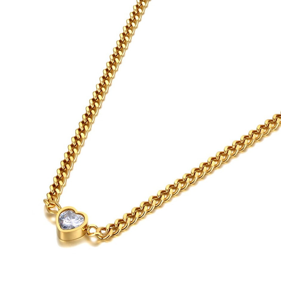 AAA Cubic Zirconia Heart Pendant Necklace Stainless Steel Gold Plated - Boncuque Store