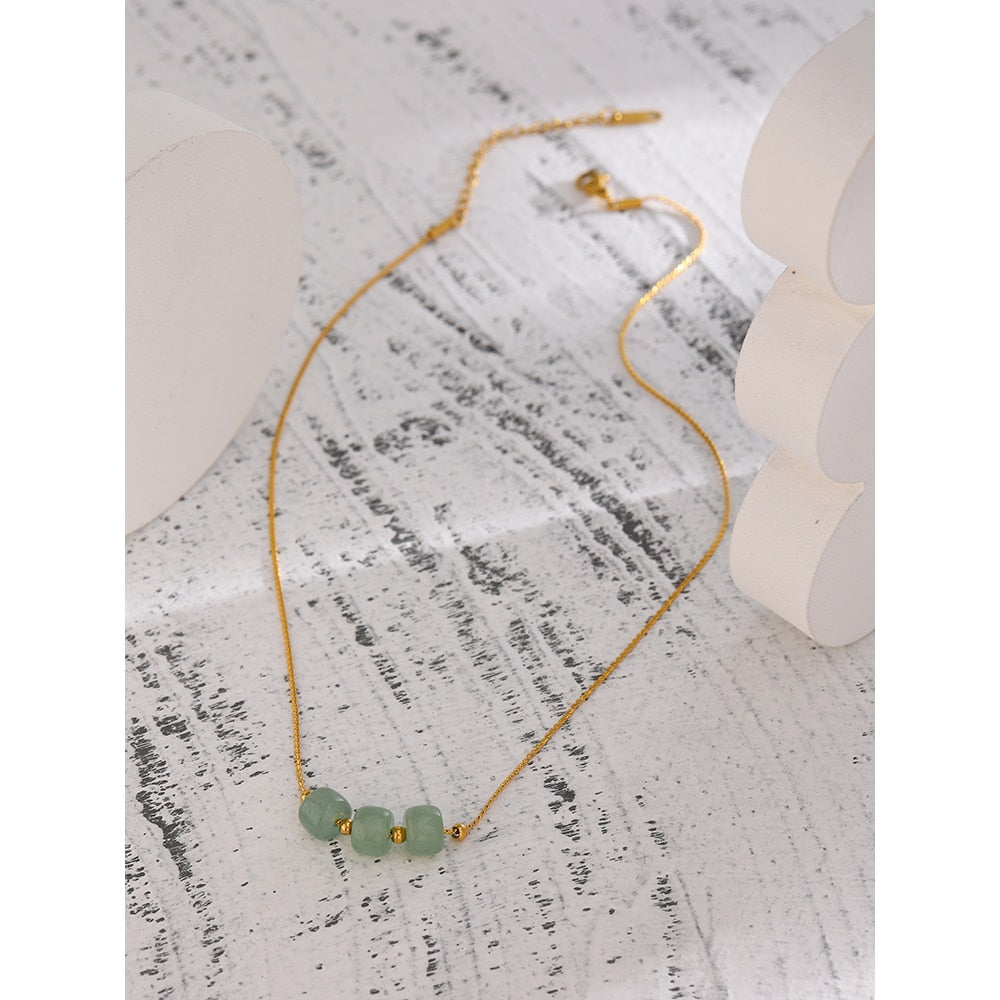 Gold Plated Stainless Steel Necklace With Green Aventurine Stones - Boncuque Store