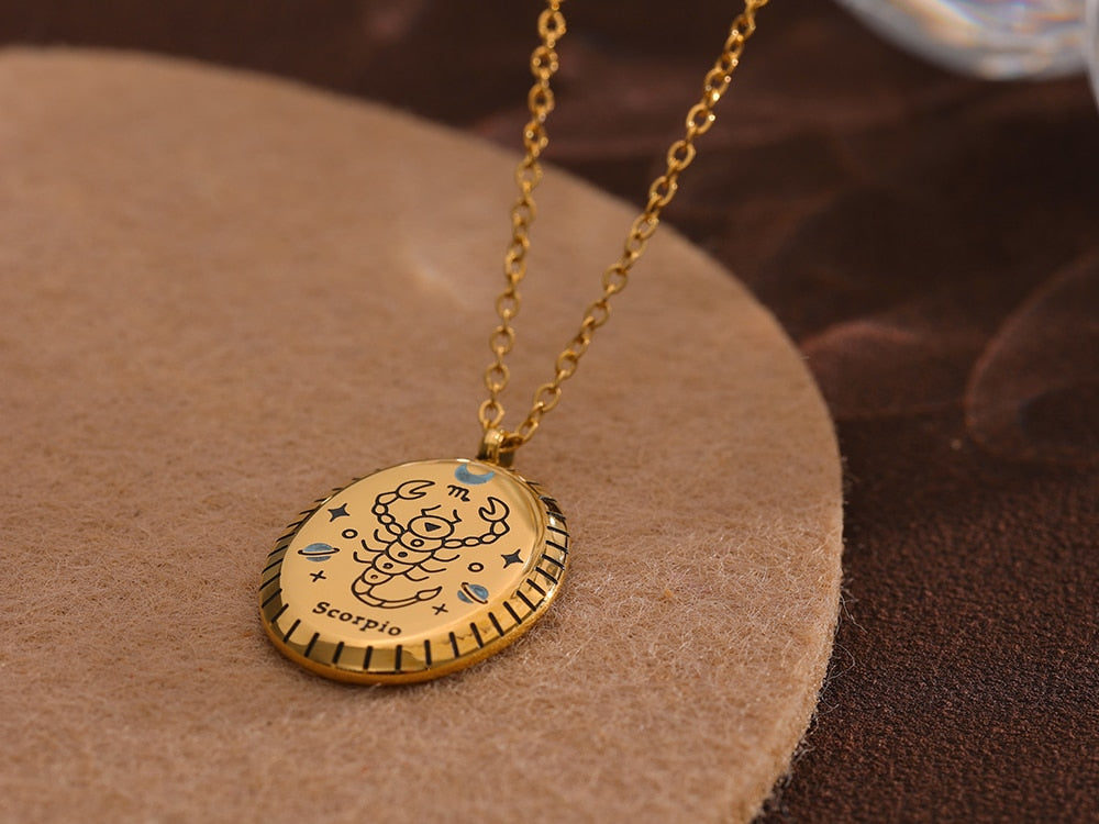 Stainless Steel Zodiac Sign Pendant Necklace 18K Gold Plated - Boncuque Store