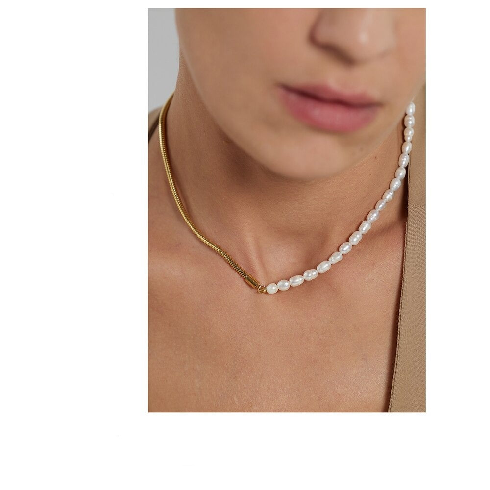 Half Natural Pearl Half Chain Necklace Gold Plated - Boncuque Store