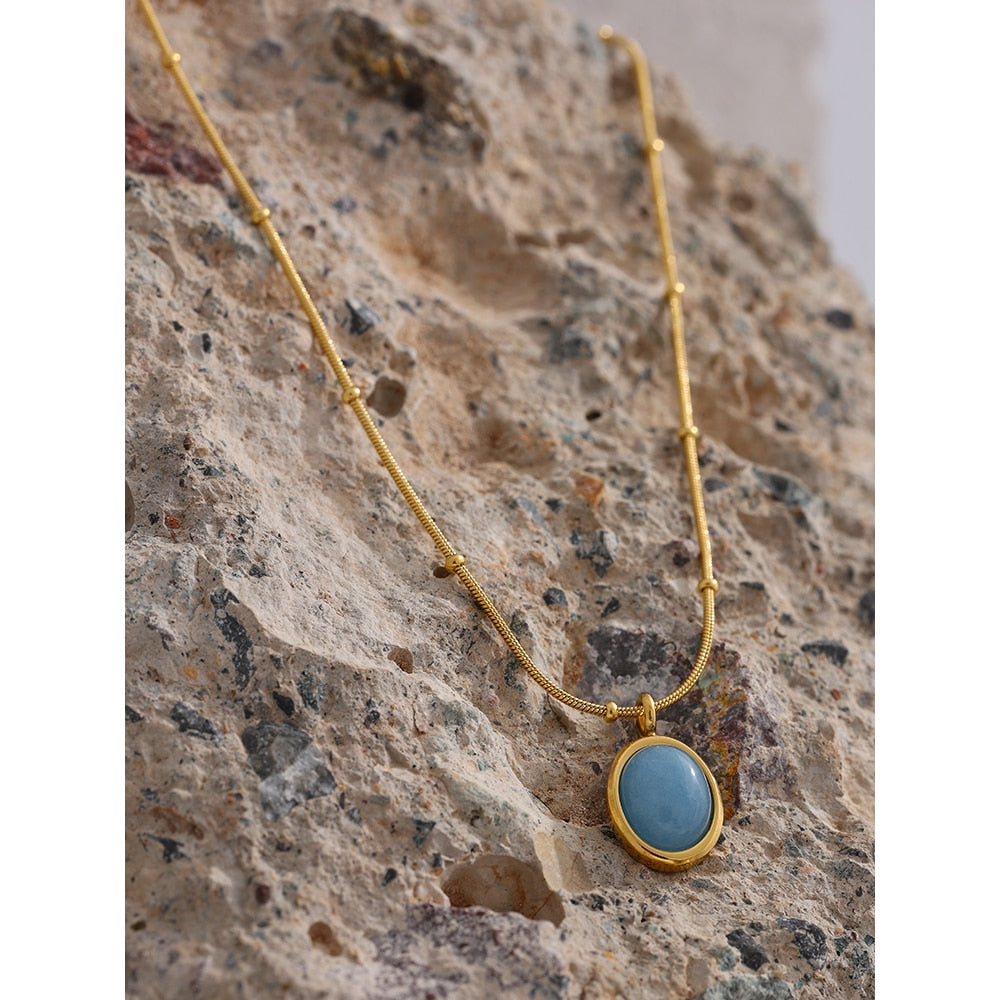 Stainless Steel Gold Plated Blue Natural Stone Pendant Necklace - Boncuque Store