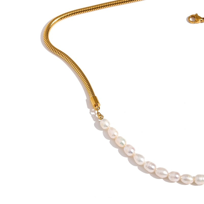 Half Natural Pearl Half Chain Necklace Gold Plated - Boncuque Store