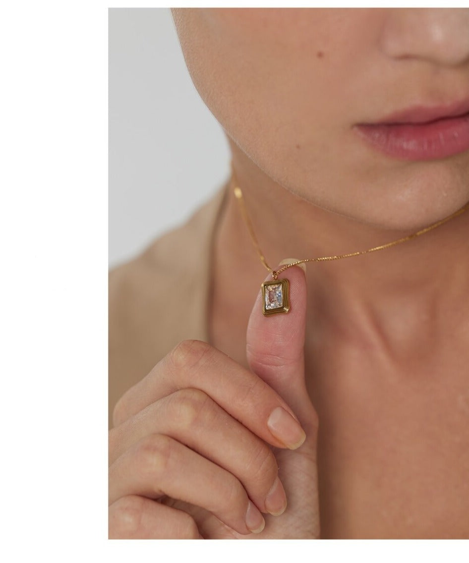 Stainless Steel Stylish Square Cubic Zirconia Necklace, Gold Plated - Boncuque Store