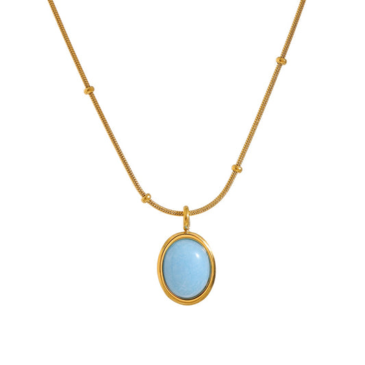 Stainless Steel Gold Plated Blue Natural Stone Pendant Necklace - Boncuque Store