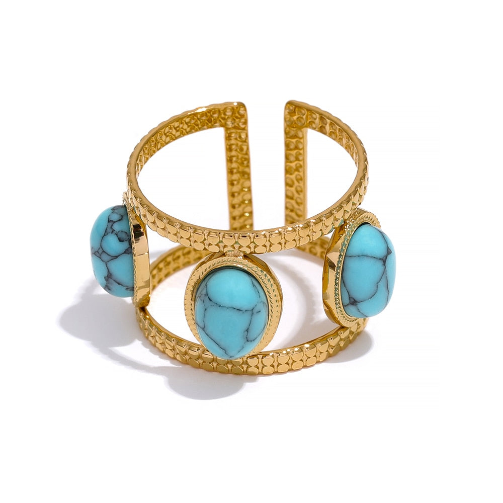 Adjustable Turquoise Stone Gold Color Stainless Steel Ring - Boncuque Store