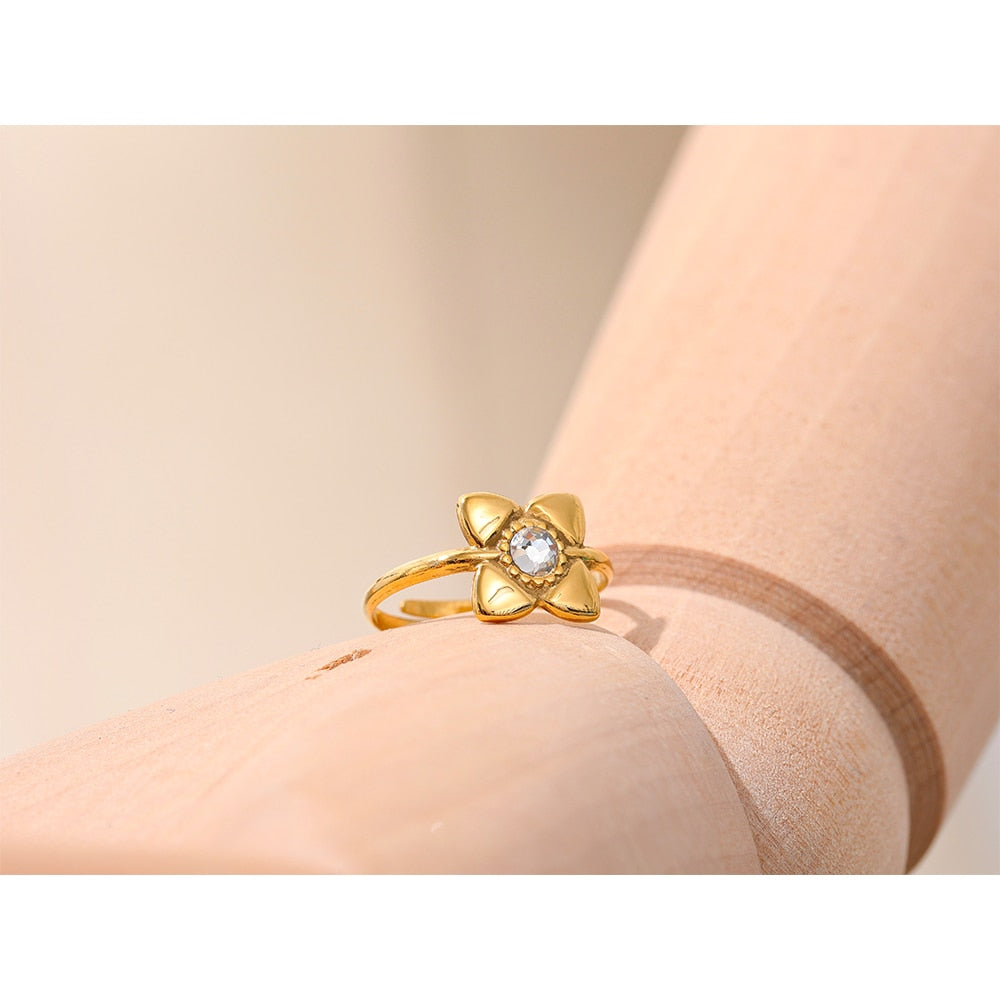 Open Golden Flower Ring White Cubic Zirconia, Real Gold Plated - Boncuque Store