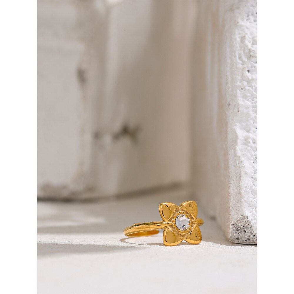 Open Golden Flower Ring White Cubic Zirconia, Real Gold Plated - Boncuque Store