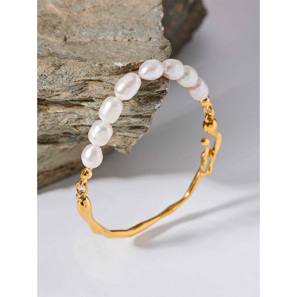 Stainless Steel 18k Gold Color Natural Freshwater Pearls Bangle/ Bracelet - Boncuque Store