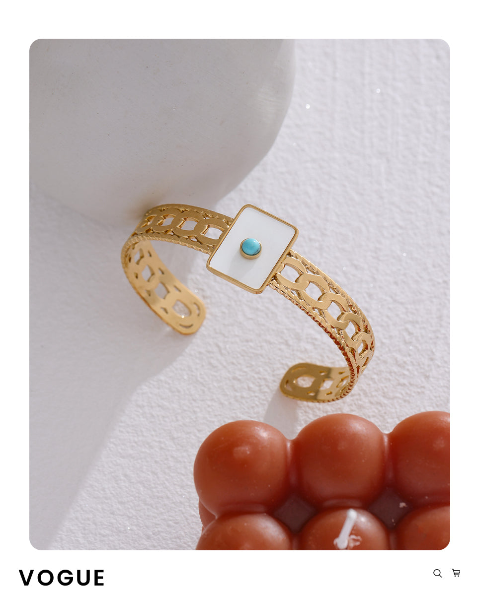 Gold Plated Stainless Steel Bracelet Turquoise Stone & Square Shell - Boncuque Store