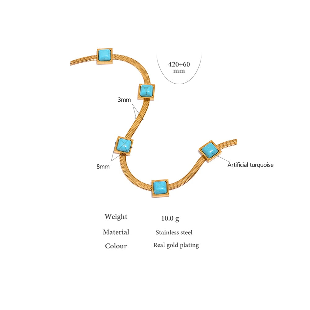Gold Plated Stainless Steel Snake Chain Necklace With Turquoise Stones - Boncuque Store