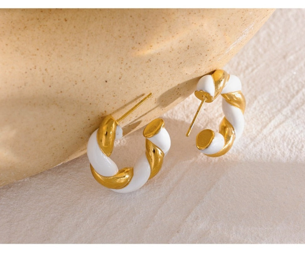 Enamel Hoop Earrings White/Gold Twisted, Gold Plated - Boncuque Store