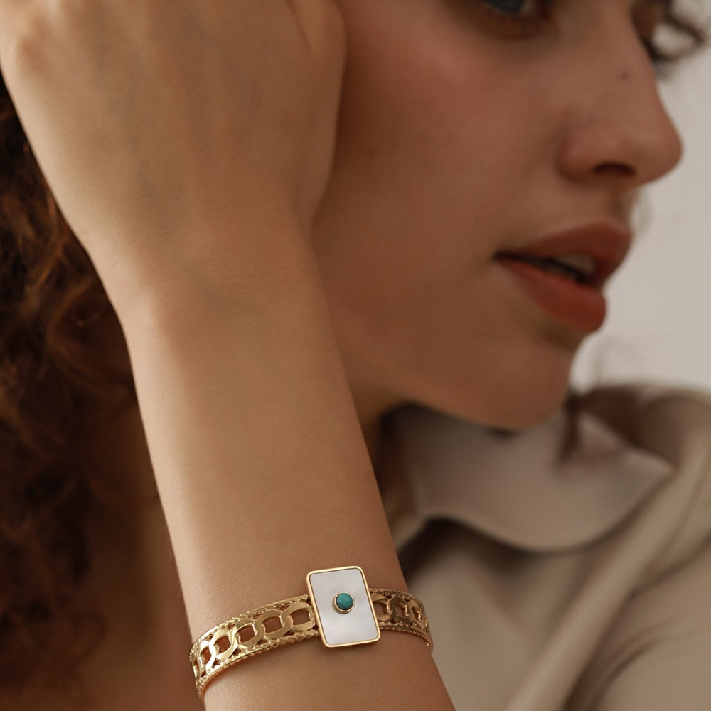 Gold Plated Stainless Steel Bracelet Turquoise Stone & Square Shell - Boncuque Store