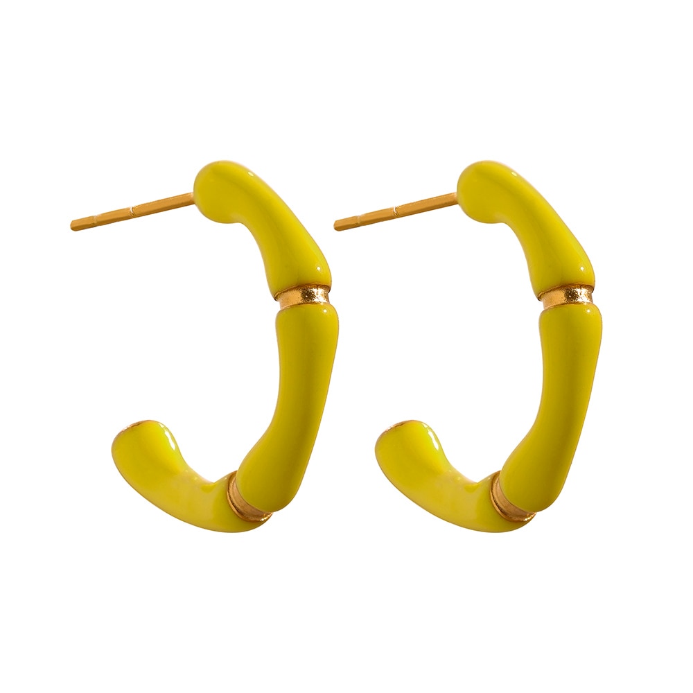 Hoop Earrings - White Yellow Enamel Bamboo Style - Boncuque Store