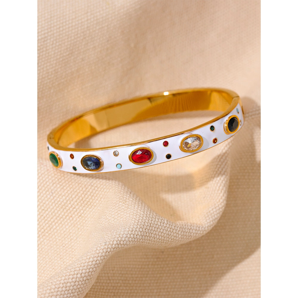 White Enamel & Colorful Cubic Zirconia Stainless Steel Bangle, 18K Gold Plated - Boncuque Store