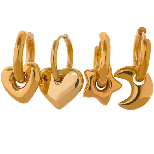 18K Gold Plated Huggie Hoops Earrings With Star Moon Heart Pendants - Boncuque Store