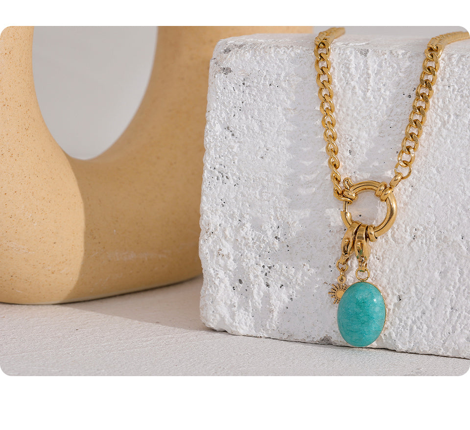 Turquoise Natural Stone & Star Pendant Stainless Steel Chain Necklace - Boncuque Store