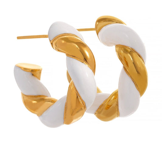 Enamel Hoop Earrings White/Gold Twisted, Gold Plated - Boncuque Store