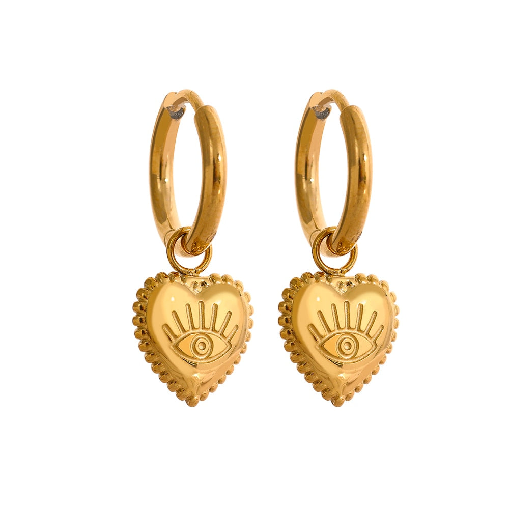 Heart and Circular Eye Drop Earrings Gold Plated - Boncuque Store