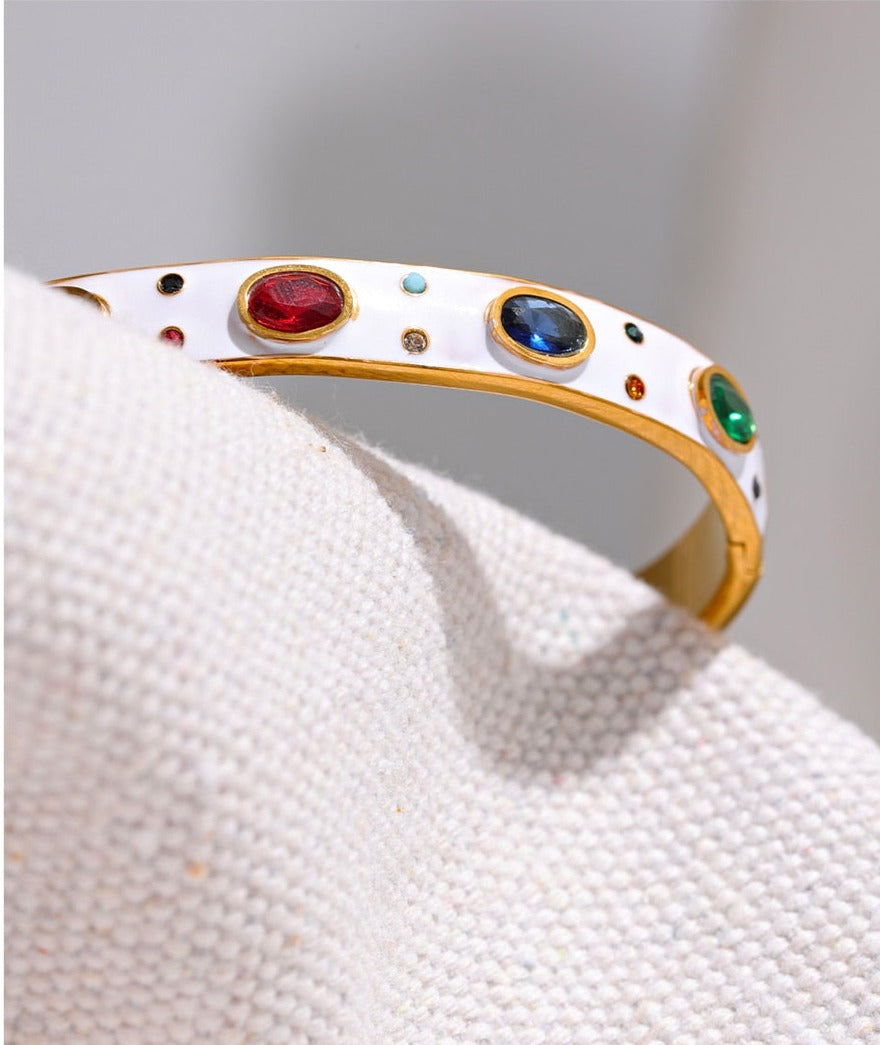 White Enamel & Colorful Cubic Zirconia Stainless Steel Bangle, 18K Gold Plated - Boncuque Store