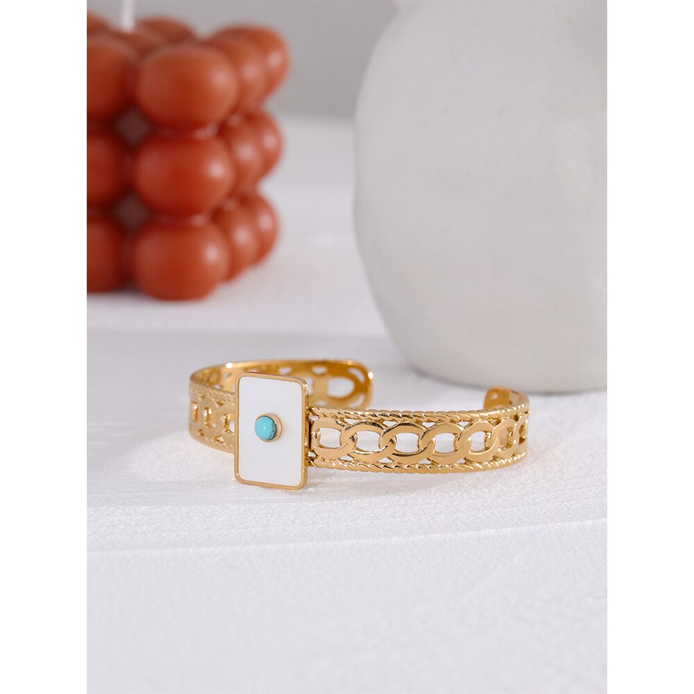 Gold Plated Stainless Steel Bracelet Turquoise Stone & Square Shell - Boncuque Store