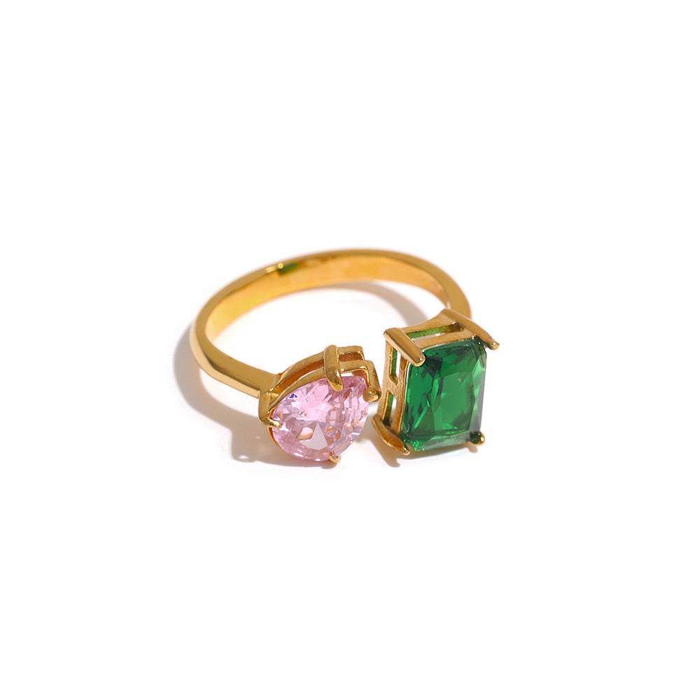 Gold Color Stainless Steel Open Ring Cubic Zirconia White Green Pink - Boncuque Store