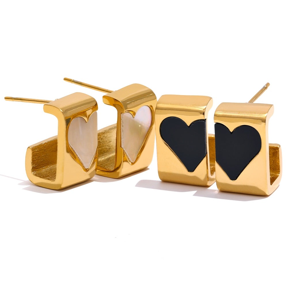 Heart Shell White/Black Gold Color Stud Earring’s - Boncuque Store