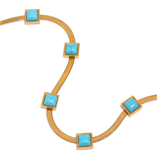 Gold Plated Stainless Steel Snake Chain Necklace With Turquoise Stones - Boncuque Store