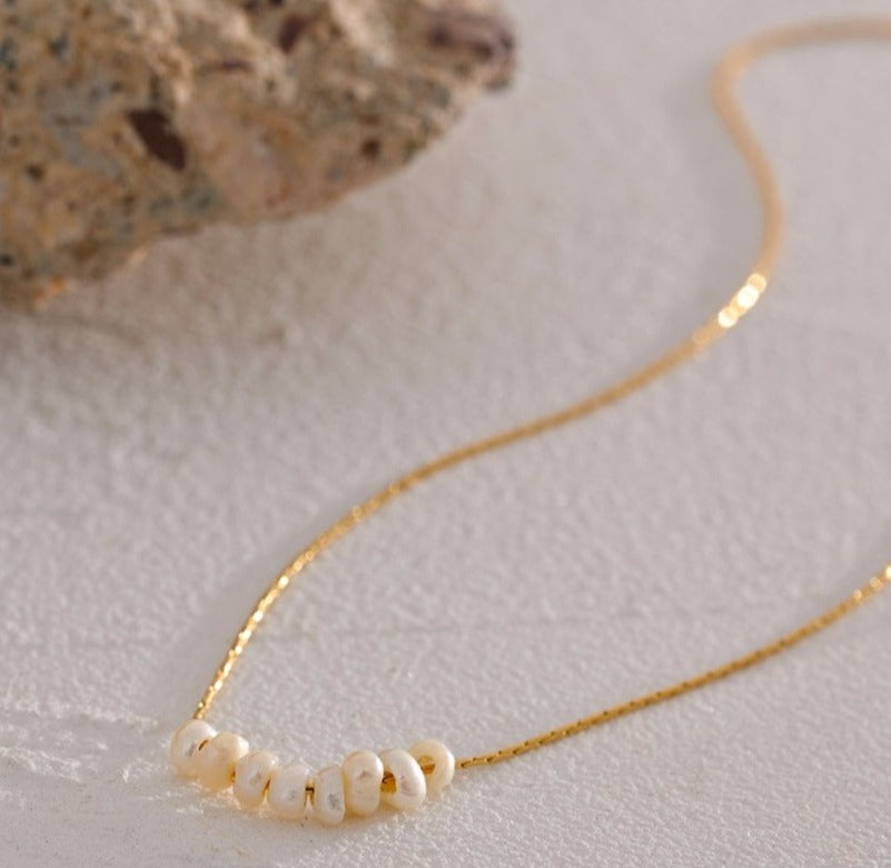 Real Gold Plated Thin Chain Necklace With Natural Pearls - Boncuque Store