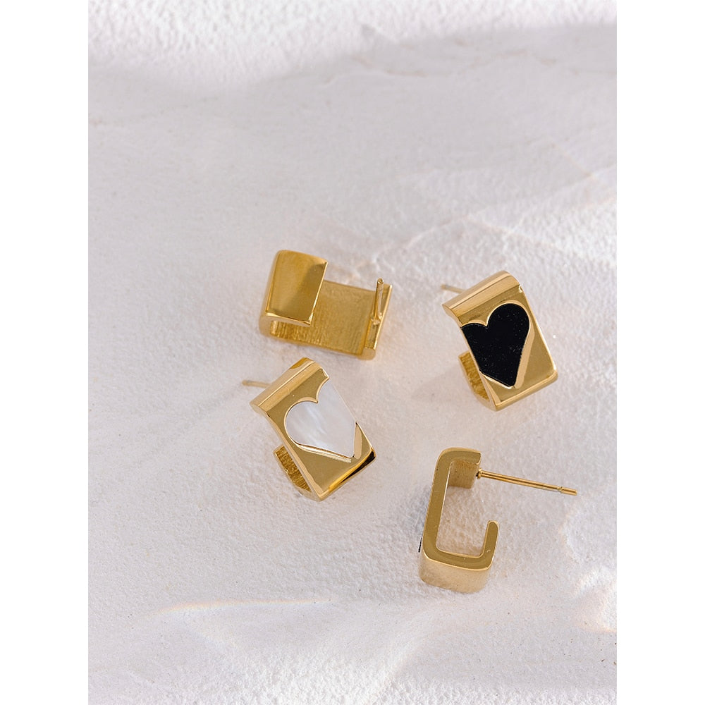 Heart Shell White/Black Gold Color Stud Earring’s - Boncuque Store