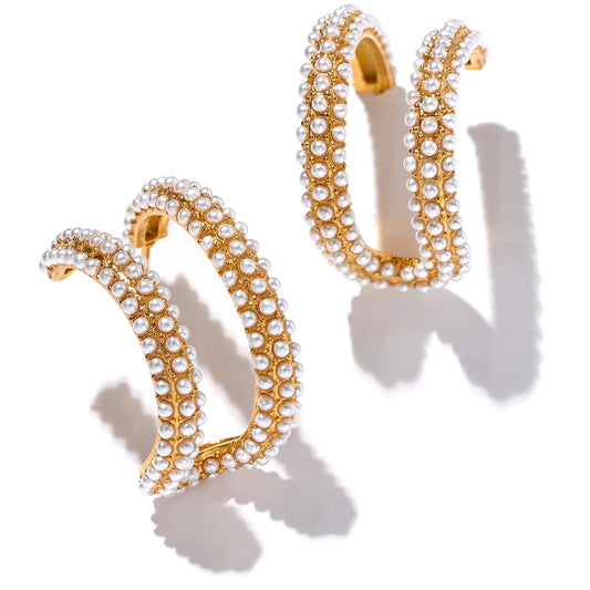 Romantic Magical Imitation Pearl Hoop Earrings, Gold Plated - Boncuque Store