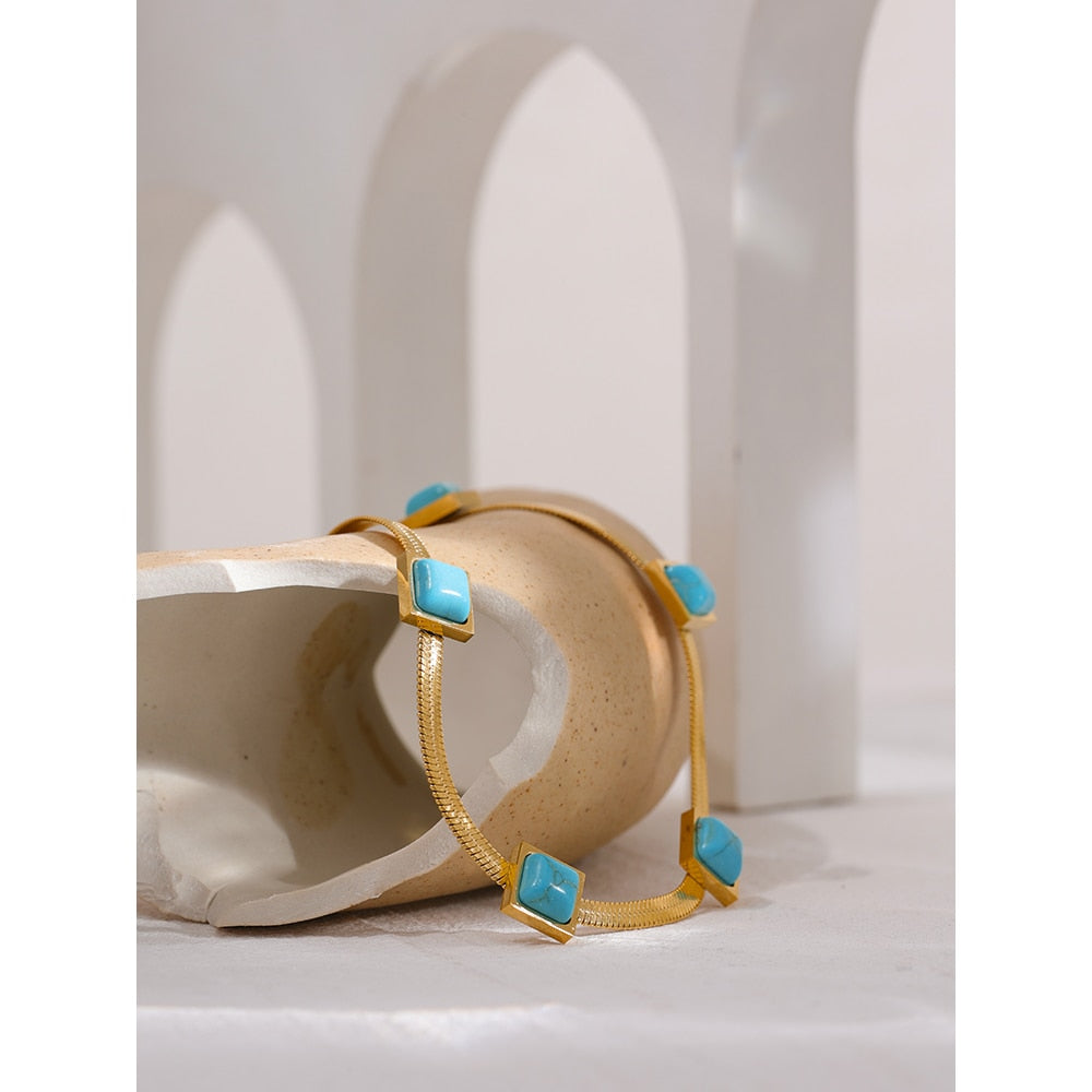 Gold Plated Stainless Steel Snake Chain Necklace With Turquoise Stones - Boncuque Store
