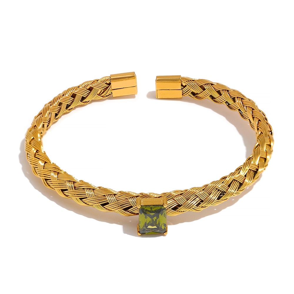 18K Gold Plated Knitted Twisted Open Bangle Cubic Zirconia Stainless Steel - Boncuque Store