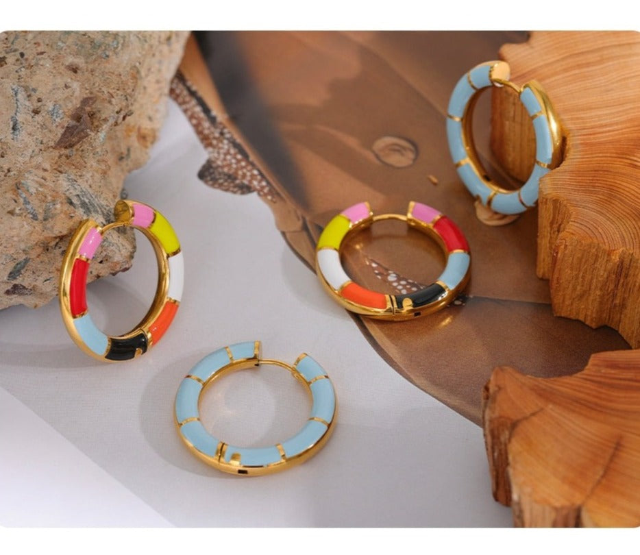 Dainty Enamel Stainless Steel Colorful Round Hoop Earrings - Boncuque Store