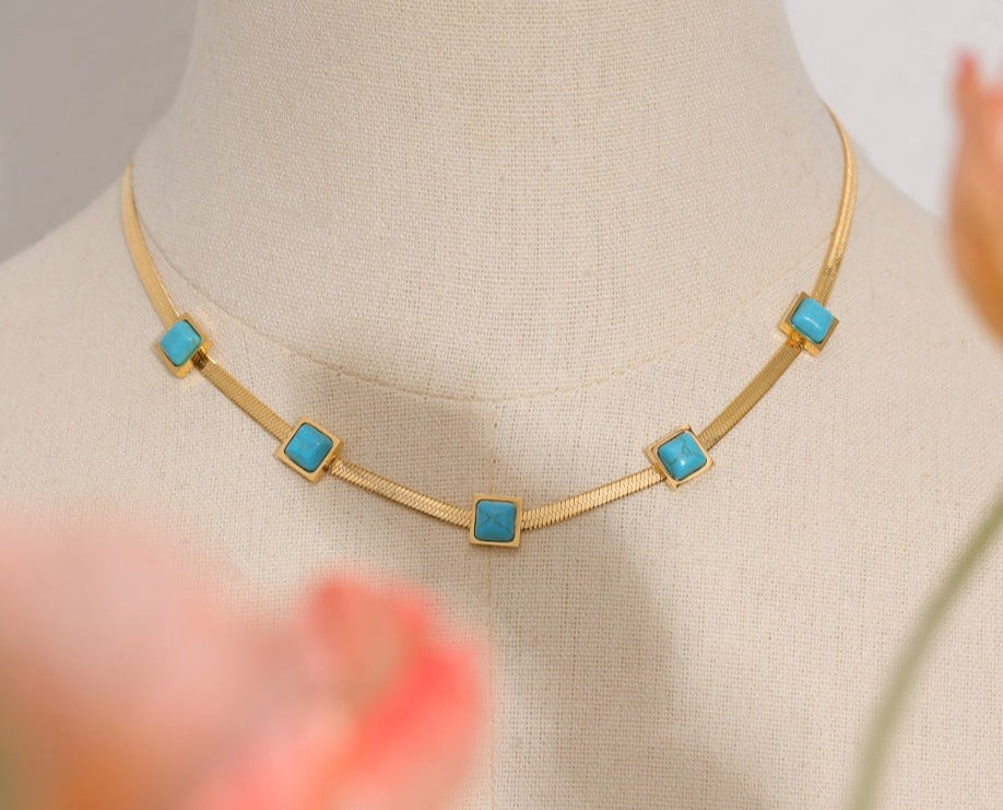 Gold Plated Stainless Steel Snake Chain Necklace With Turquoise Stones - Boncuque Store